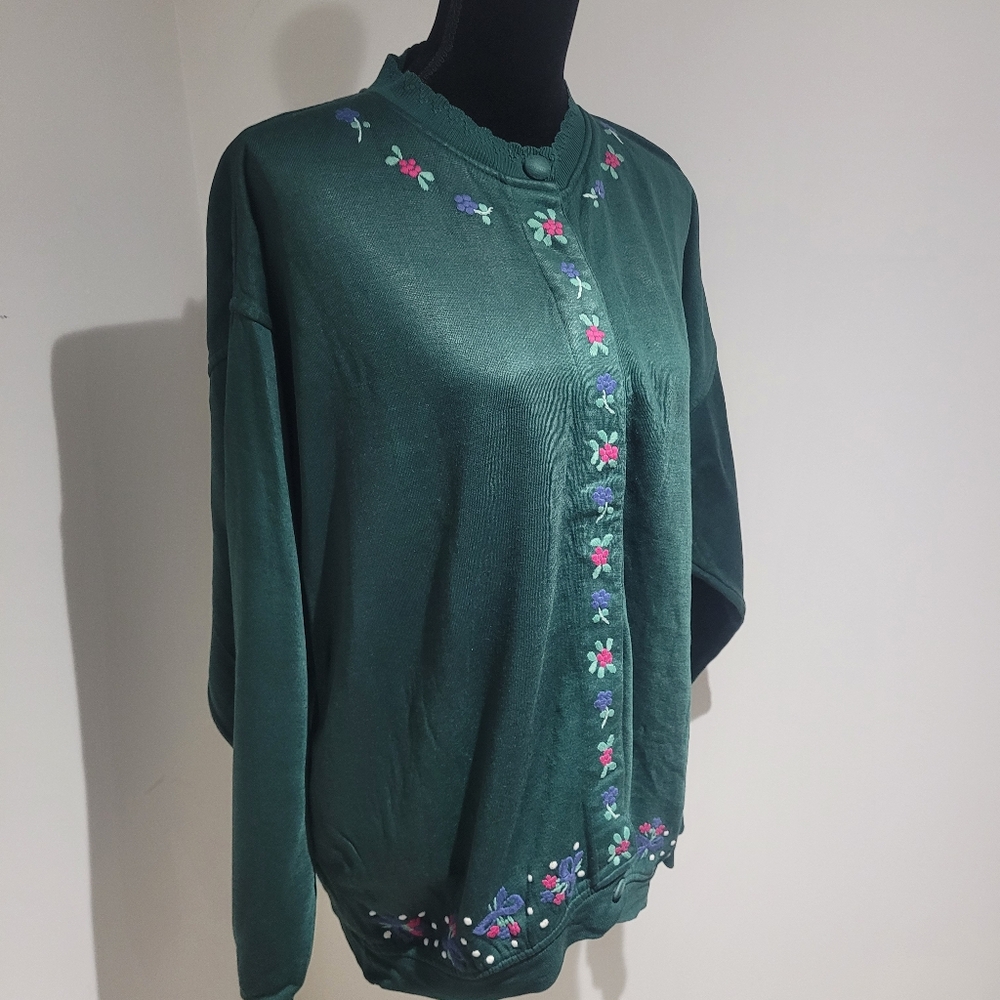 Lady Footlocker Women's 80's Vintage Floral Embroidered Cardigan Medium Green - Picture 2 of 10